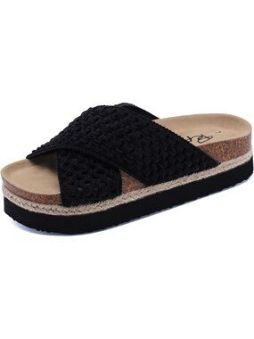 Women's All Black Soft Cork Foot bed and Strap Ladies Fashion Platform Slide